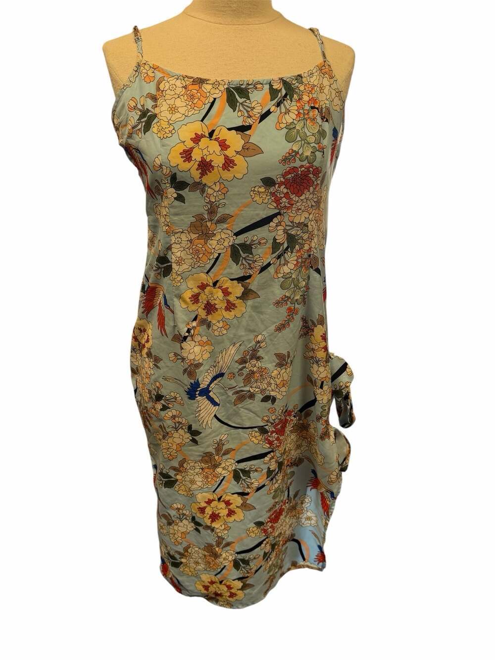 Light Blue Floral Print Sleeveless Midi Slip Dress with Side Tie Detail